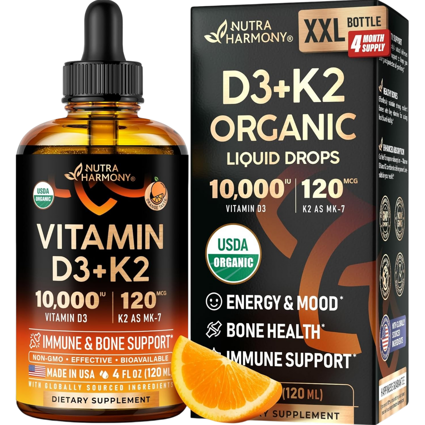 USDA Organic Vitamin D3+K2 Drops - Vitamin D3 10000 IU & K2 as MK-7 120mcg