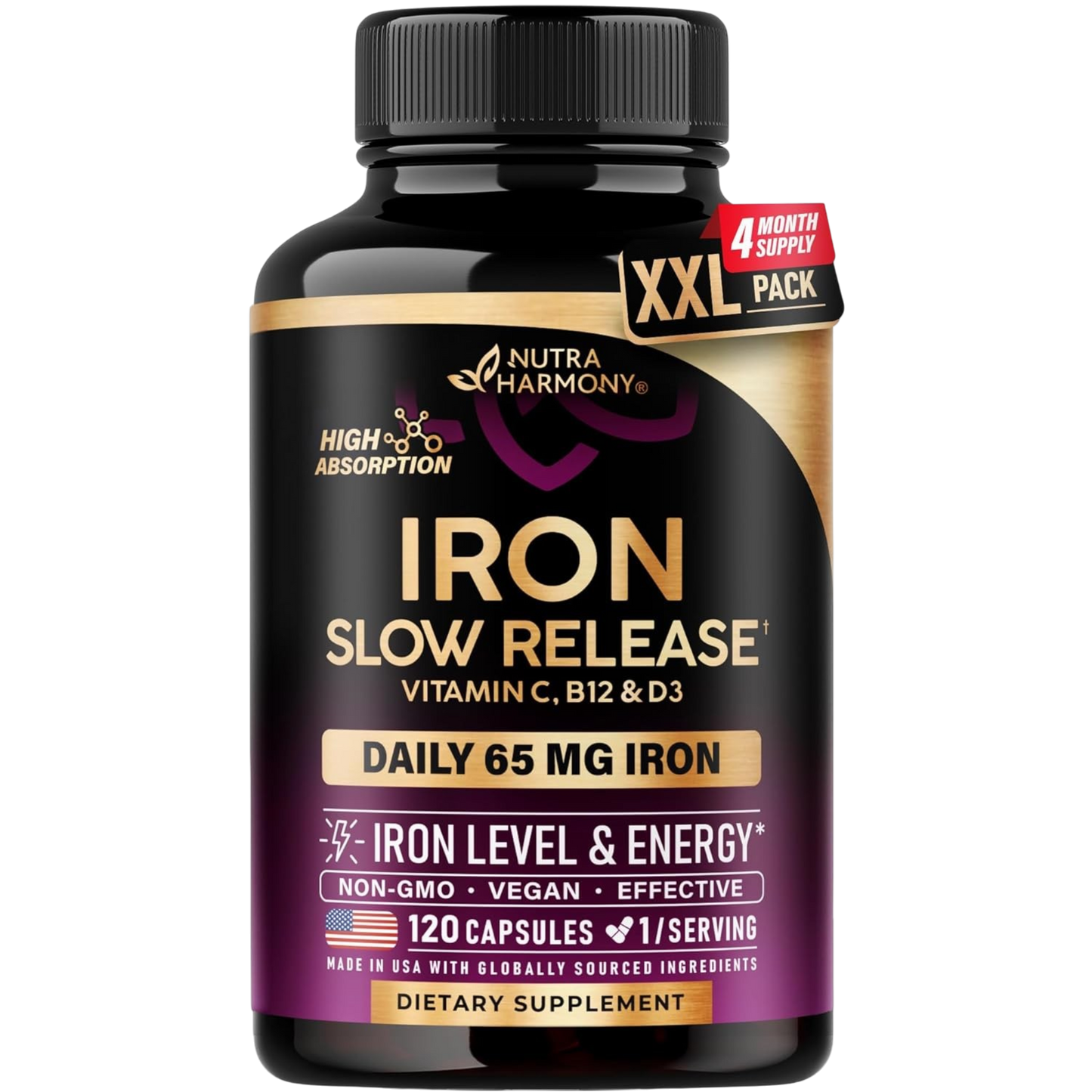 Slow Release Iron 65 mg | Ferrous Sulfate with Vitamins C, B12 & D3 Capsules