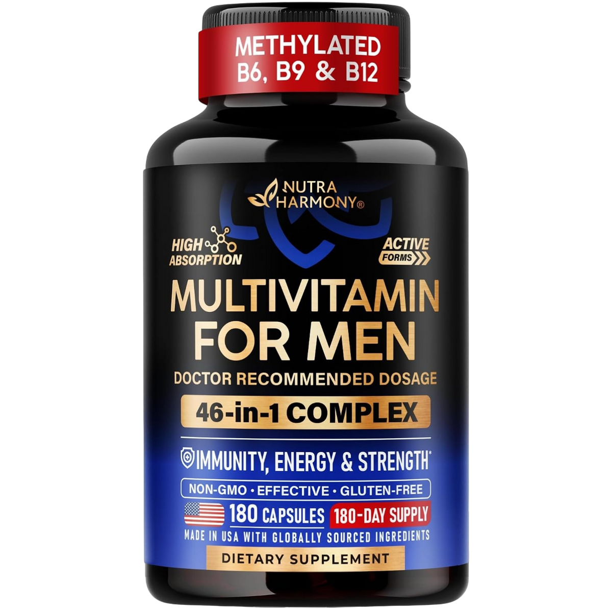Front label of NutraHarmony Multivitamin for Men Full Spectrum Complex. 46-in-1 complex. Immunity, energy and strength. 180 Capsules, 1/Serving, Dietary Supplement.