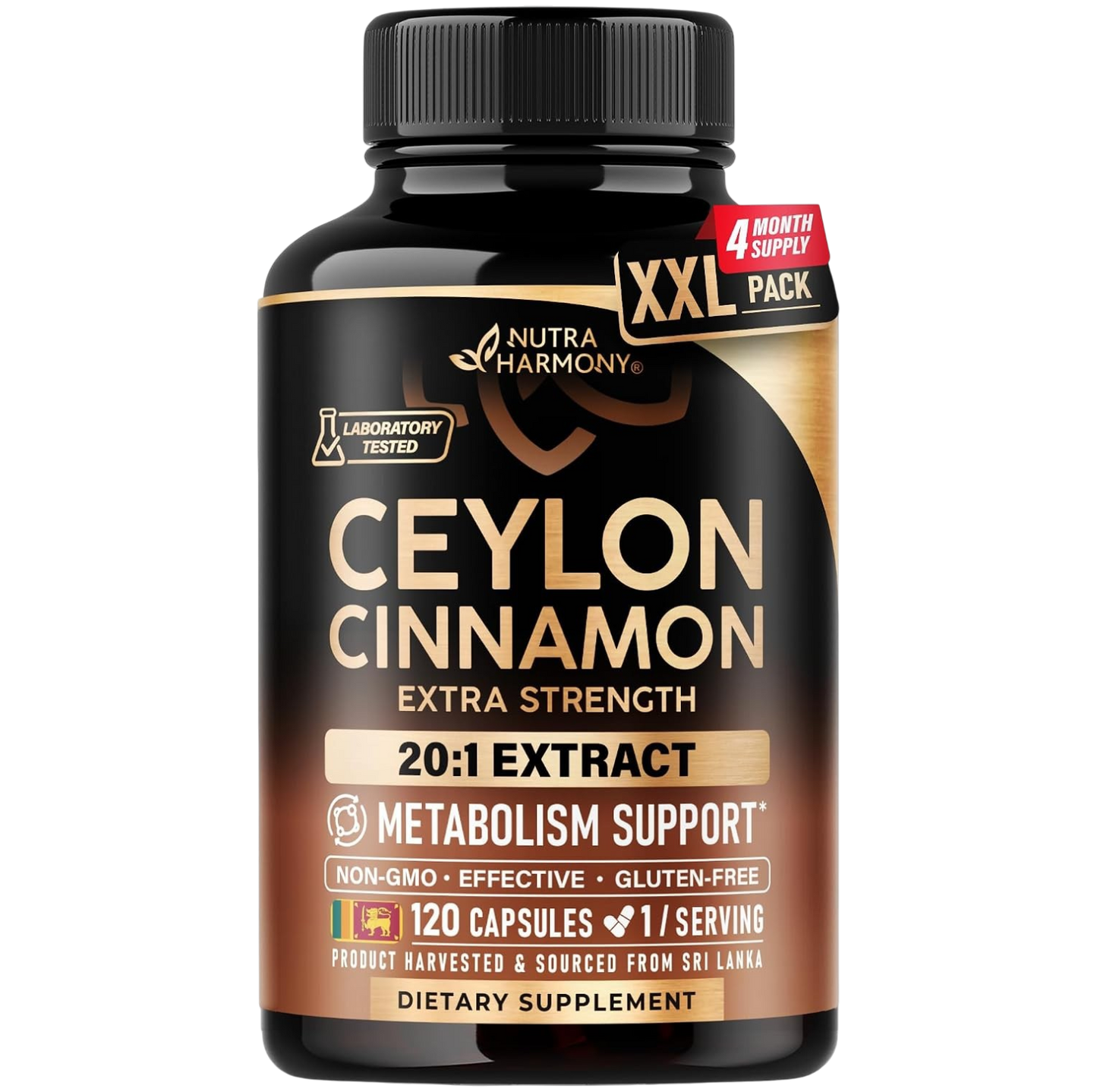 NutraHarmony Ceylon Cinnamon Extra Strength: 4 MONTH SUPPLY. Laboratory tested. Key specs: 20:1 EXTRACT METABOLISM SUPPORT*, 400 MG per capsule, NON-GMO, EFFECTIVE, GLUTEN-FREE, 120 CAPSULES, 1/SERVING. Product harvested & sourced from Sri Lanka. DIETARY SUPPLEMENT.