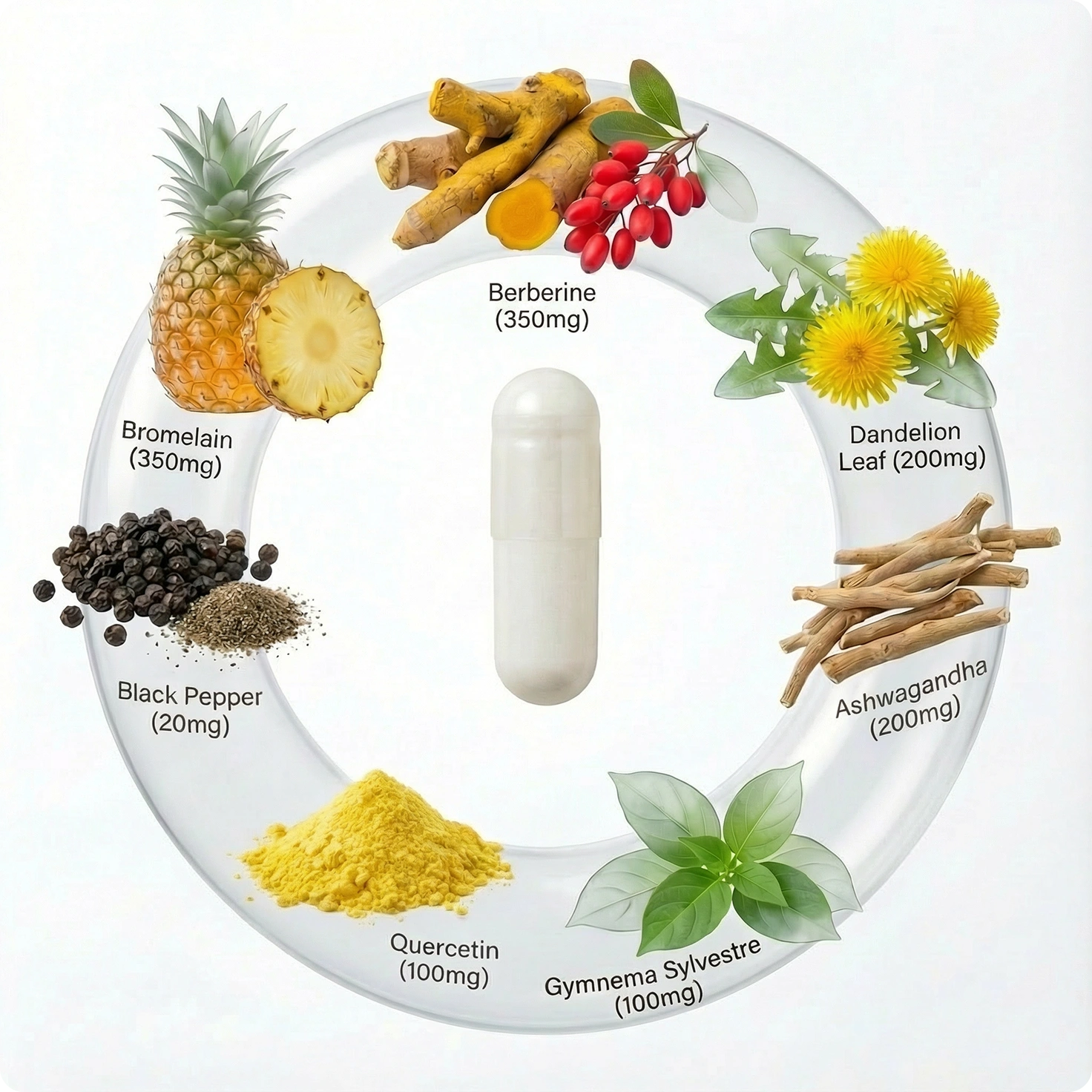 Natural ingredients and capsule in a circular arrangement