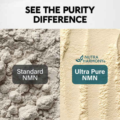 A comparison graphic showing two powder textures labeled 'Standard NMN' and 'Ultra Pure NMN' under the headline 'SEE THE PURITY DIFFERENCE.' The left side shows a coarse, clumpy light gray powder, and the right side shows a smooth, fine cream-colored powder with the NutraHarmony logo and brand name.
