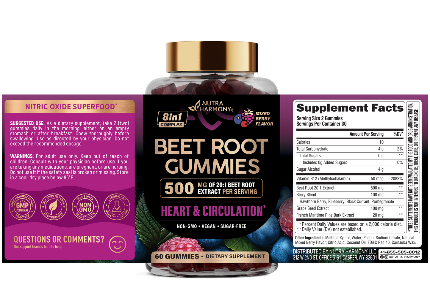 Beet Root Gummies 500mg - Blood Pressure Supplement - Sugar-Free, 60pcs
