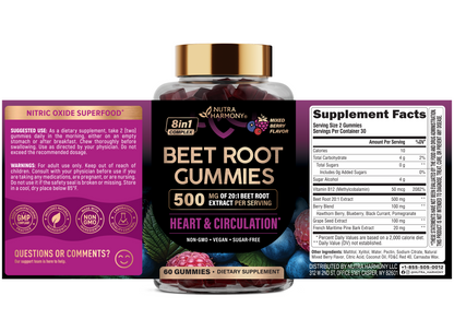 Beet Root Gummies 500mg - Blood Pressure Supplement - Sugar-Free, 60pcs