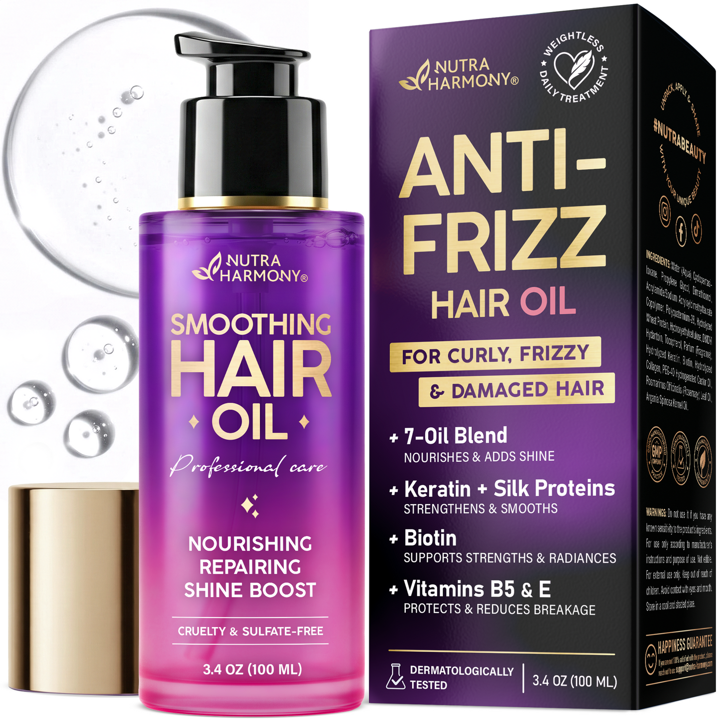 Anti-Frizz Hair Oil for Dry, Curly & Damaged Hair – Hair Treatment, 3.4oz