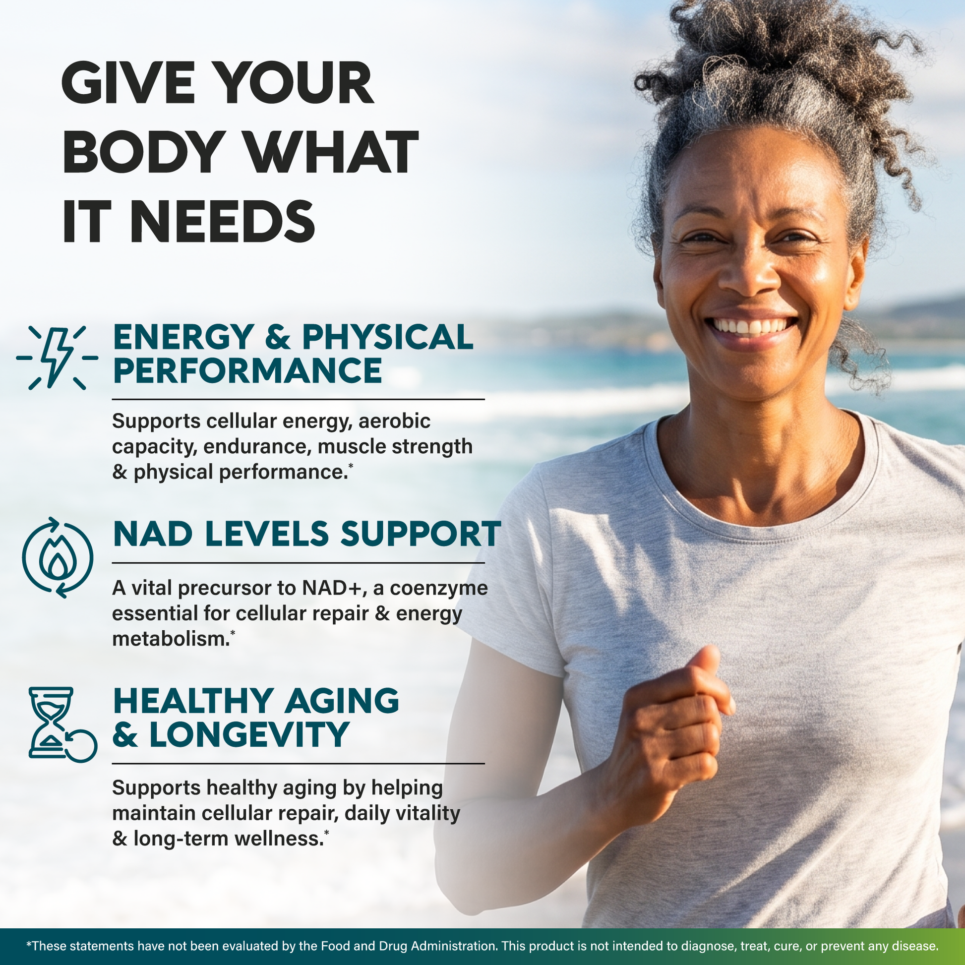 Graphic titled GIVE YOUR BODY WHAT IT NEEDS detailing key benefits: ENERGY & PHYSICAL PERFORMANCE supports cellular energy, aerobic capacity, endurance, and muscle strength. NAD LEVELS SUPPORT identifies NMN as a vital precursor to NAD+ for cellular repair and energy metabolism. HEALTHY AGING & LONGEVITY supports cellular repair, daily vitality and long-term wellness.