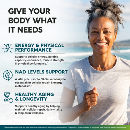 Graphic titled GIVE YOUR BODY WHAT IT NEEDS detailing key benefits: ENERGY & PHYSICAL PERFORMANCE supports cellular energy, aerobic capacity, endurance, and muscle strength. NAD LEVELS SUPPORT identifies NMN as a vital precursor to NAD+ for cellular repair and energy metabolism. HEALTHY AGING & LONGEVITY supports cellular repair, daily vitality and long-term wellness.