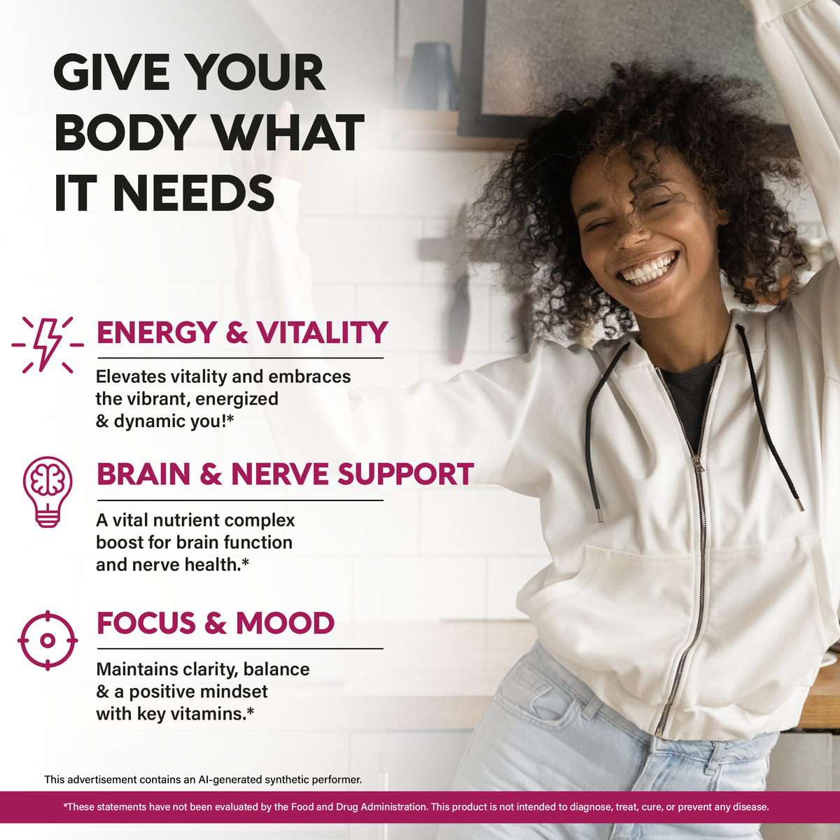 Promotional graphic titled "Give Your Body What It Needs" alongside a woman celebrating. Outlines three primary benefits:   Energy & Vitality: Elevates vitality for an energized daily feel.   Brain & Nerve Support: Nutrient complex to support brain function and nerve health.   Focus & Mood: Promotes mental clarity, balance, and a positive mindset. 