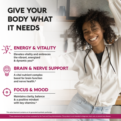 Promotional graphic titled "Give Your Body What It Needs" alongside a woman celebrating. Outlines three primary benefits:   Energy & Vitality: Elevates vitality for an energized daily feel.   Brain & Nerve Support: Nutrient complex to support brain function and nerve health.   Focus & Mood: Promotes mental clarity, balance, and a positive mindset. 