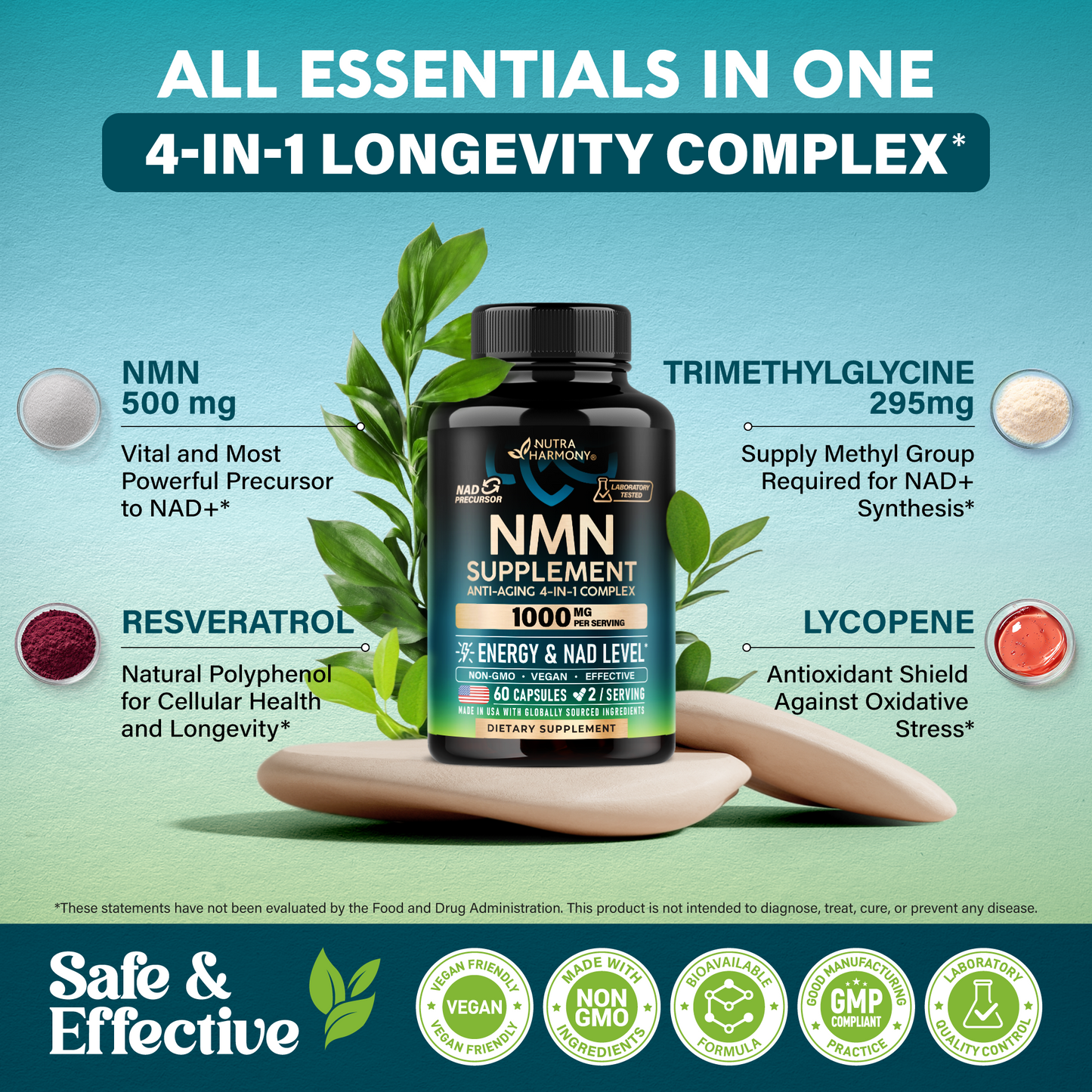 Graphic titled ALL ESSENTIALS IN ONE 4-IN-1 LONGEVITY COMPLEX detailing ingredients: NMN (500 mg), vital and most Powerful NAD+ precursor; Trimethylglycine (295 mg), supplies methyl groups for NAD+ synthesis; Resveratrol provides natural polyphenols for cellular health; Lycopene acts as an antioxidant shield. Bottom badges confirm VEGAN FRIENDLY, NON-GMO, BIOAVAILABLE FORMULA, GMP COMPLIANT, and LABORATORY QUALITY CONTROL.