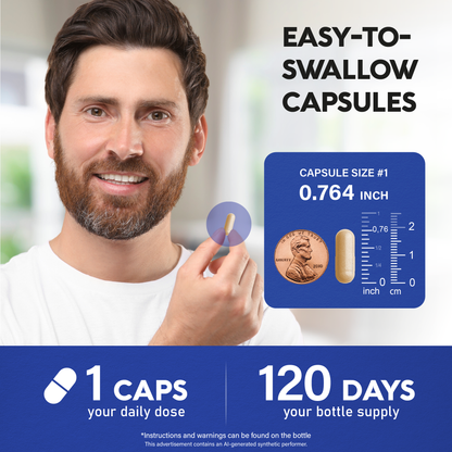 An infographic titled "Easy-To-Swallow Capsules" featuring a smiling man holding a single capsule:

Capsule Size: Size #1 (0.764 inch / 1.94 cm, shown next to a U.S. penny for scale).

Dosage & Supply: 1 capsule daily dose, providing a 120-day (4-month) bottle supply.