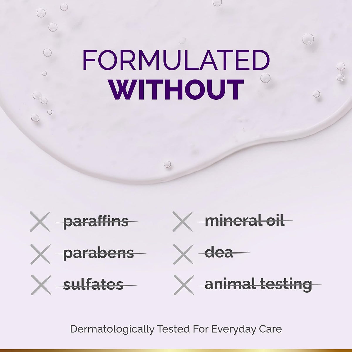 Formula graphic titled Formulated Without listing six excluded ingredients: paraffins, parabens, sulfates, mineral oil, DEA, and animal testing. Note below states Dermatologically Tested For Everyday Care.