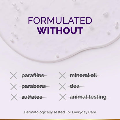 Formula graphic titled Formulated Without listing six excluded ingredients: paraffins, parabens, sulfates, mineral oil, DEA, and animal testing. Note below states Dermatologically Tested For Everyday Care.
