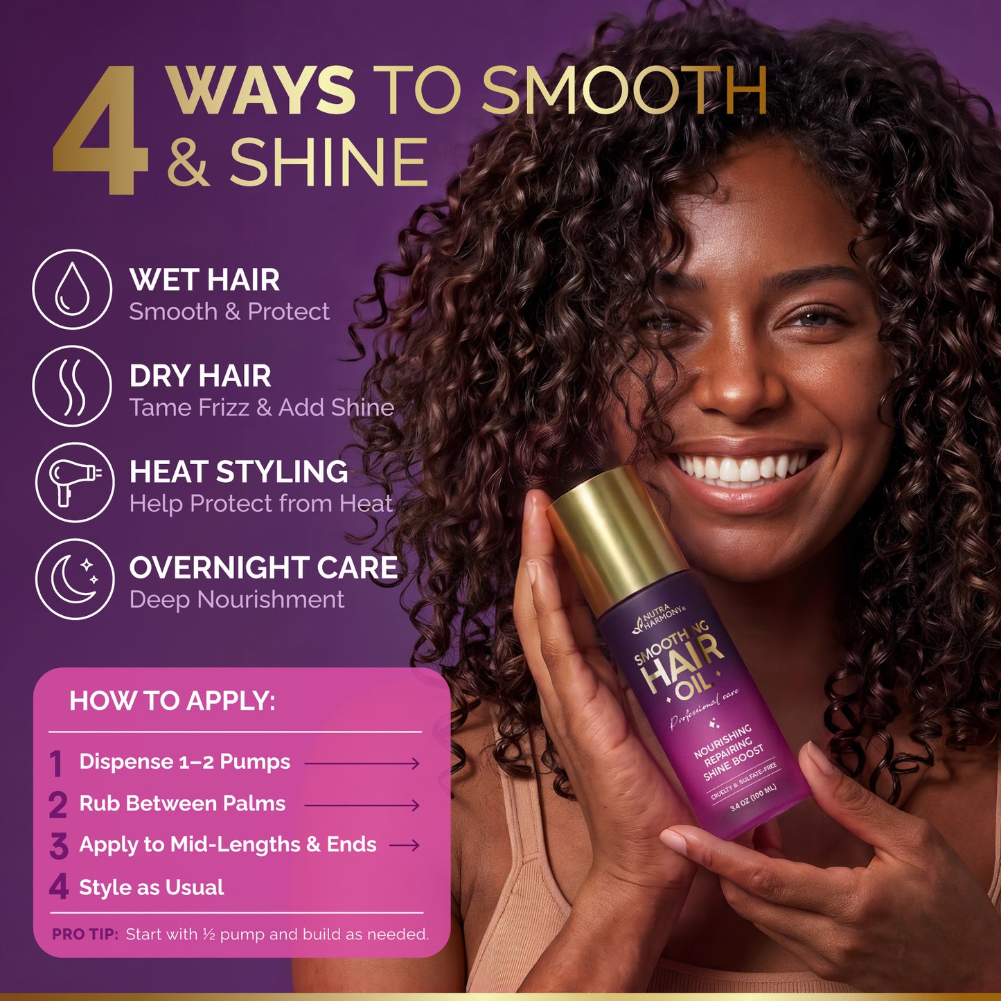 Anti-Frizz Hair Oil for Dry, Curly & Damaged Hair – Hair Treatment, 3.4oz