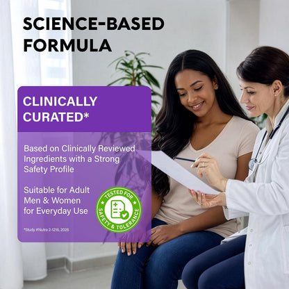 Graphic titled SCIENCE-BASED FORMULA / CLINICALLY CURATED showing a physician reviewing results with a patient. Text notes formula is based on clinically reviewed ingredients with a strong safety profile, suitable for adult men and women for everyday use. Includes Safety & Tolerance badge.