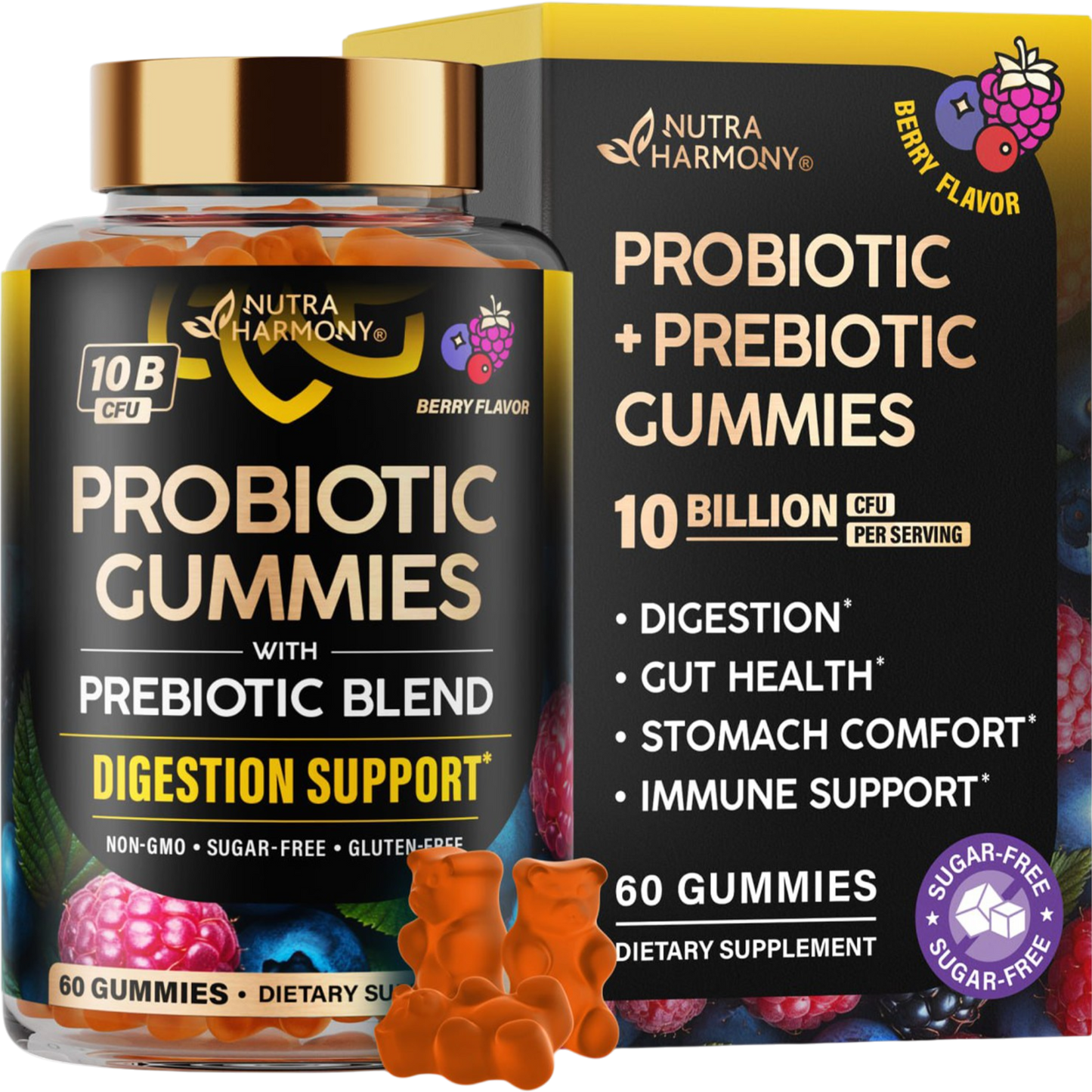 Probiotic Gummies 10B CFU with Prebiotic Fiber for Digestion & Immune Support