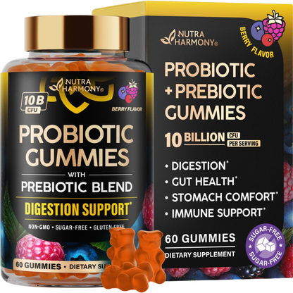 Probiotic Gummies 10B CFU with Prebiotic Fiber for Digestion & Immune Support