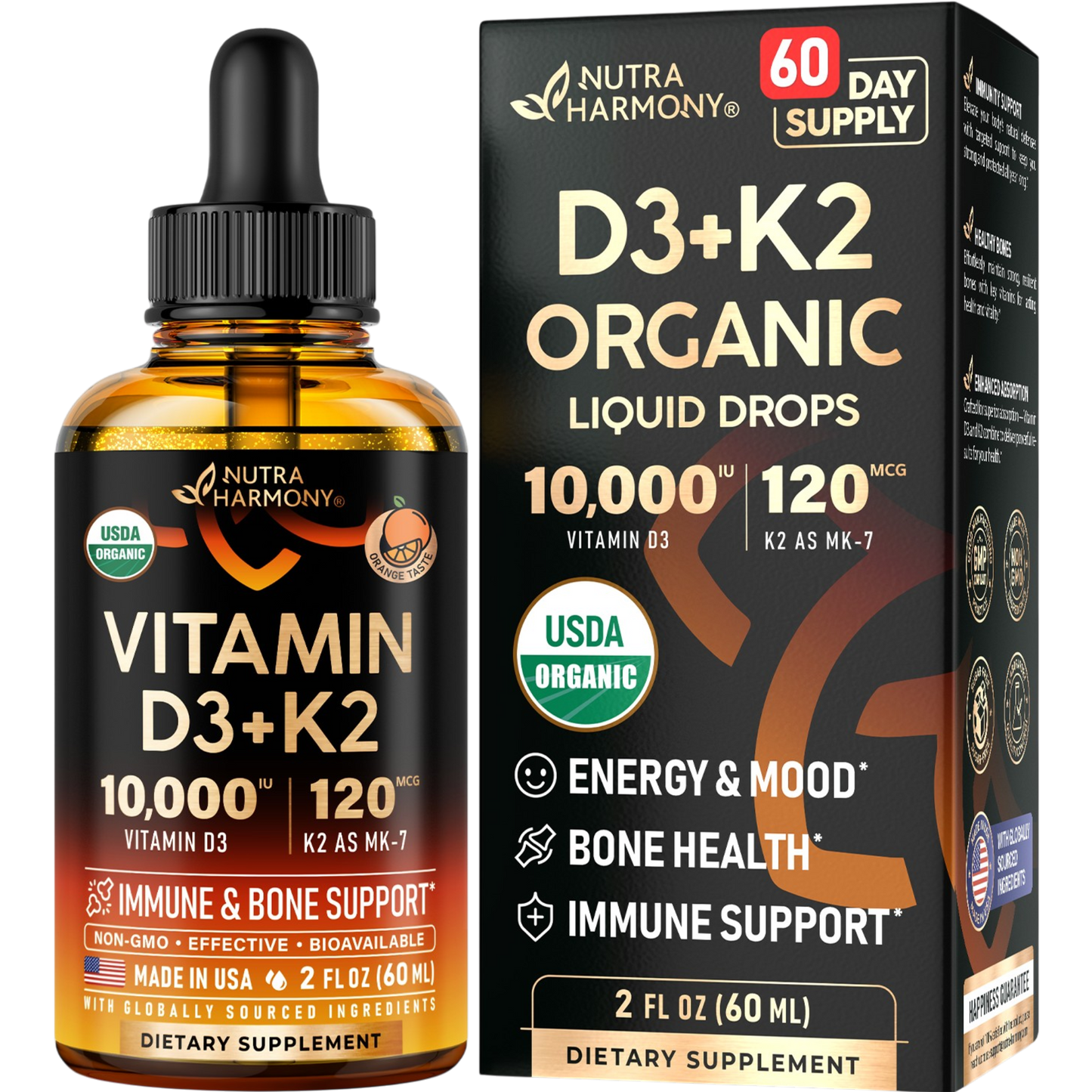 USDA Organic Vitamin D3+K2  Drops - Vitamin D3 10000 IU & K2 as MK-7 120mcg
