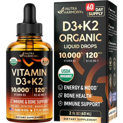 USDA Organic Vitamin D3+K2  Drops - Vitamin D3 10000 IU & K2 as MK-7 120mcg