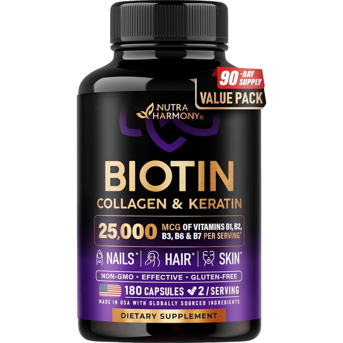 NutraHarmony Biotin, Collagen & Keratin bottle and box labeled CLINICALLY TESTED VITAMINS FOR HAIR GROWTH SUPPORT. Provides 25,000 mcg of B-Vitamins (B1, B2, B3, B6, B7) per serving for Nails, Hair, and Skin support. Contains 180 capsules (90-day supply at 2 capsules/serving). Non-GMO, Effective, Gluten-Free, and made in USA with globally sourced ingredients.