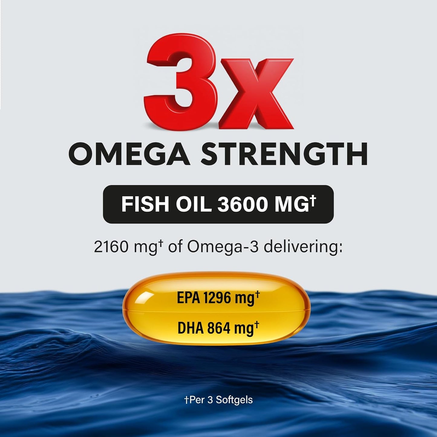 Omega 3 Fish Oil Supplement 3600 mg. Burpless, Lemon Flavored, 90 Softgels