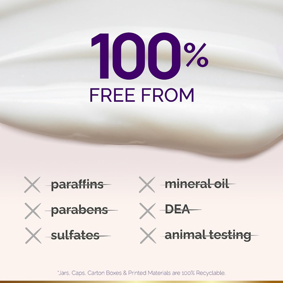 100% Free From Claims
Clean beauty formulation standards and packaging:

Exclusions: 100% free from paraffins, parabens, sulfates, mineral oil, DEA, and animal testing.
Sustainability: Jars, caps, carton boxes, and printed materials are 100% recyclable.
