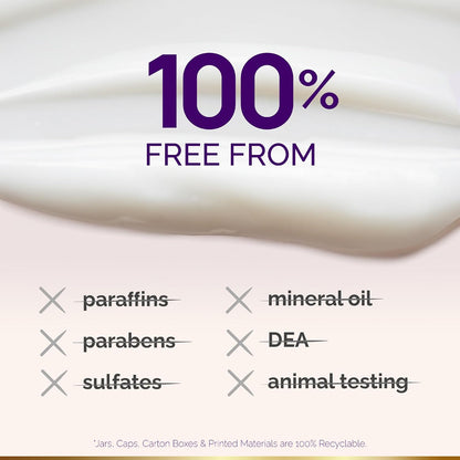 100% Free From Claims
Clean beauty formulation standards and packaging:

Exclusions: 100% free from paraffins, parabens, sulfates, mineral oil, DEA, and animal testing.
Sustainability: Jars, caps, carton boxes, and printed materials are 100% recyclable.