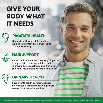 Core Health Benefits
Prostate Health: Supports healthy prostate function to help maintain overall well-being and comfort with age.
Hair Support: Features natural DHT-blocking properties to assist in reducing hair loss and improving hair strength.
Urinary Health: Supports urinary tract health by reducing urination frequency and aiding a more comfortable, natural flow.