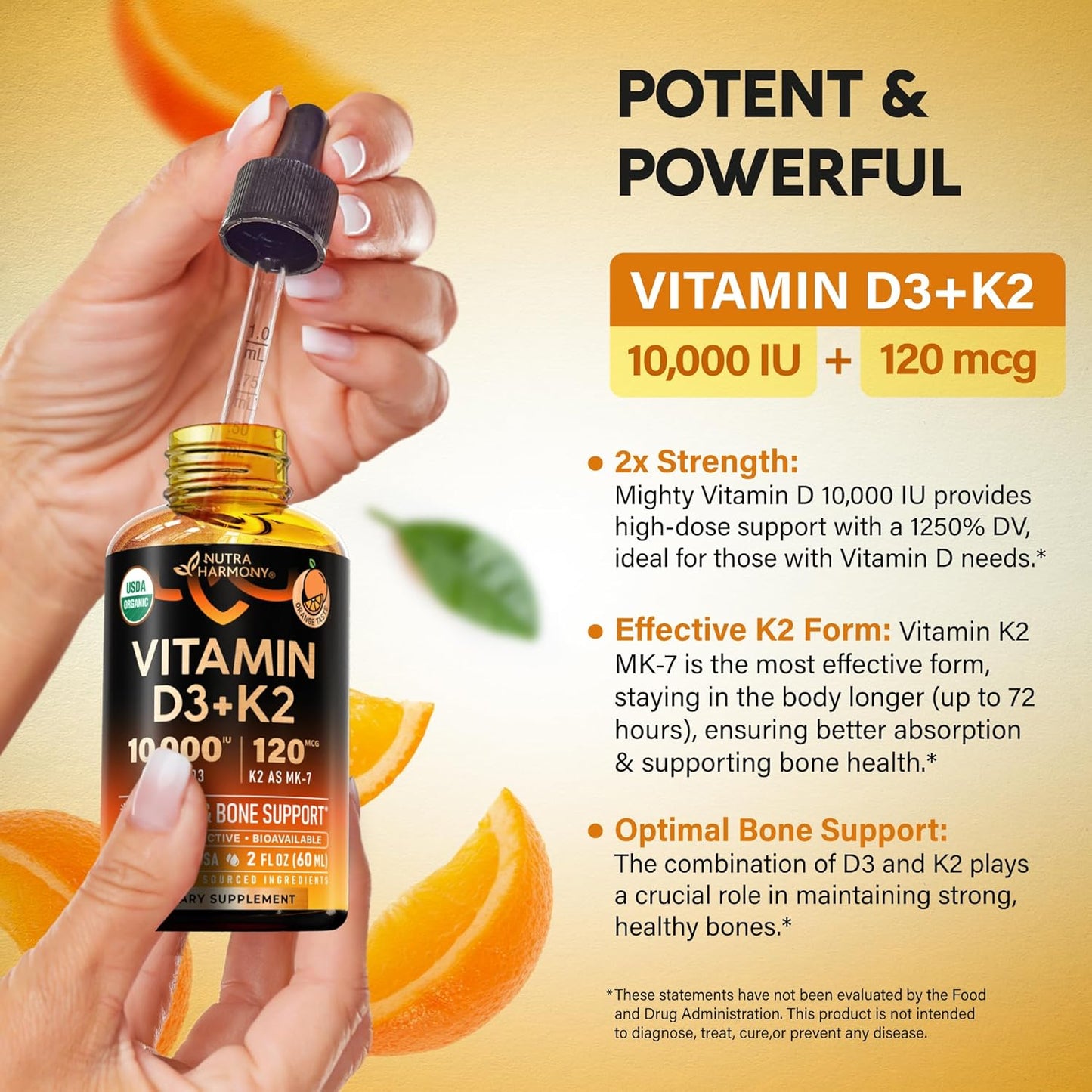 USDA Organic Vitamin D3+K2  Drops - Vitamin D3 10000 IU & K2 as MK-7 120mcg