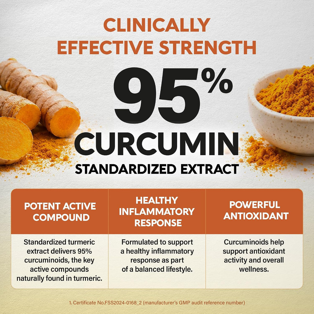 Infographic featuring raw turmeric root and a bowl of golden turmeric powder. Large text highlights "95% Curcumin Standardized Extract" with three core benefit blocks: Potent Active Compound (delivers 95% curcuminoids), Healthy Inflammatory Response support, and Powerful Antioxidant activity.