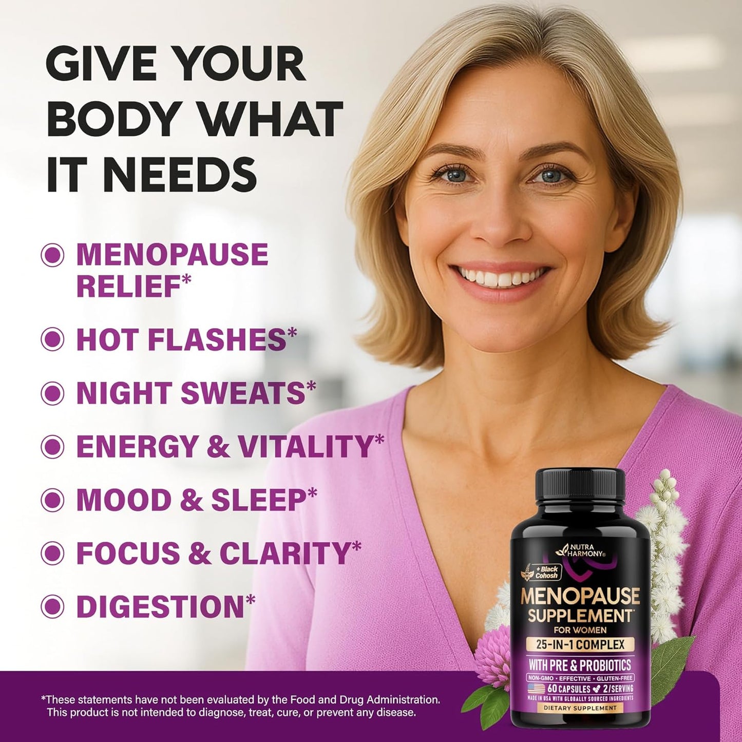 Menopause Supplement for Women with Dong Quai, Black Cohosh, Prebiotics & Probiotics