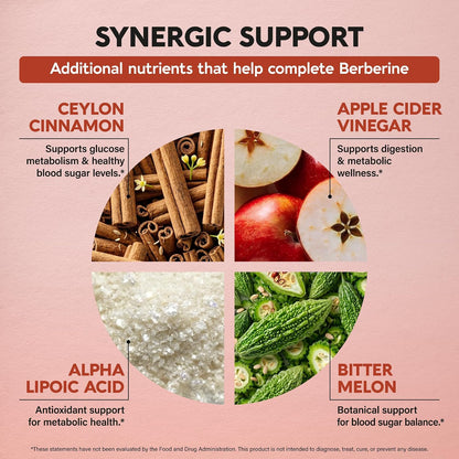 Synergic Nutrient Support

Ceylon Cinnamon: Supports glucose metabolism & healthy blood sugar levels.
Apple Cider Vinegar: Supports digestion & metabolic wellness.
Alpha Lipoic Acid: Antioxidant support for metabolic health.
Bitter Melon: Botanical support for blood sugar balance.
*These statements have not been evaluated by the Food and Drug Administration. This product is not intended to diagnose, treat, cure, or prevent any disease.