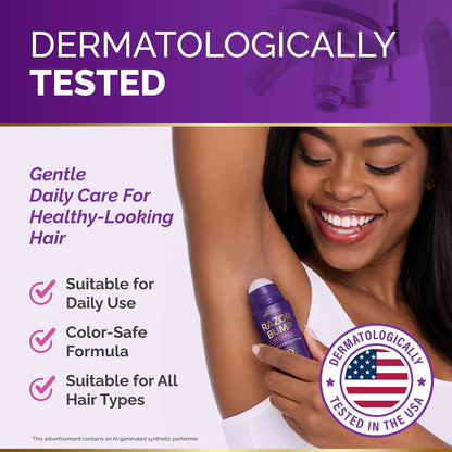 Safety and testing graphic titled Dermatologically Tested featuring a woman applying roll-on underarm care. Lists three key points: Suitable for Daily Use, Color-Safe Formula, and Suitable for All Hair Types. Features a badge reading Dermatologically Tested in the USA.