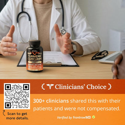A doctor in a lab coat with a stethoscope sitting at a desk next to NutraHarmony Turmeric Curcumin capsules. Orange banner below reads "Clinicians' Choice: 300+ clinicians shared this with their patients and were not compensated. Verified by frontrowMD." Includes a QR code to scan for details.