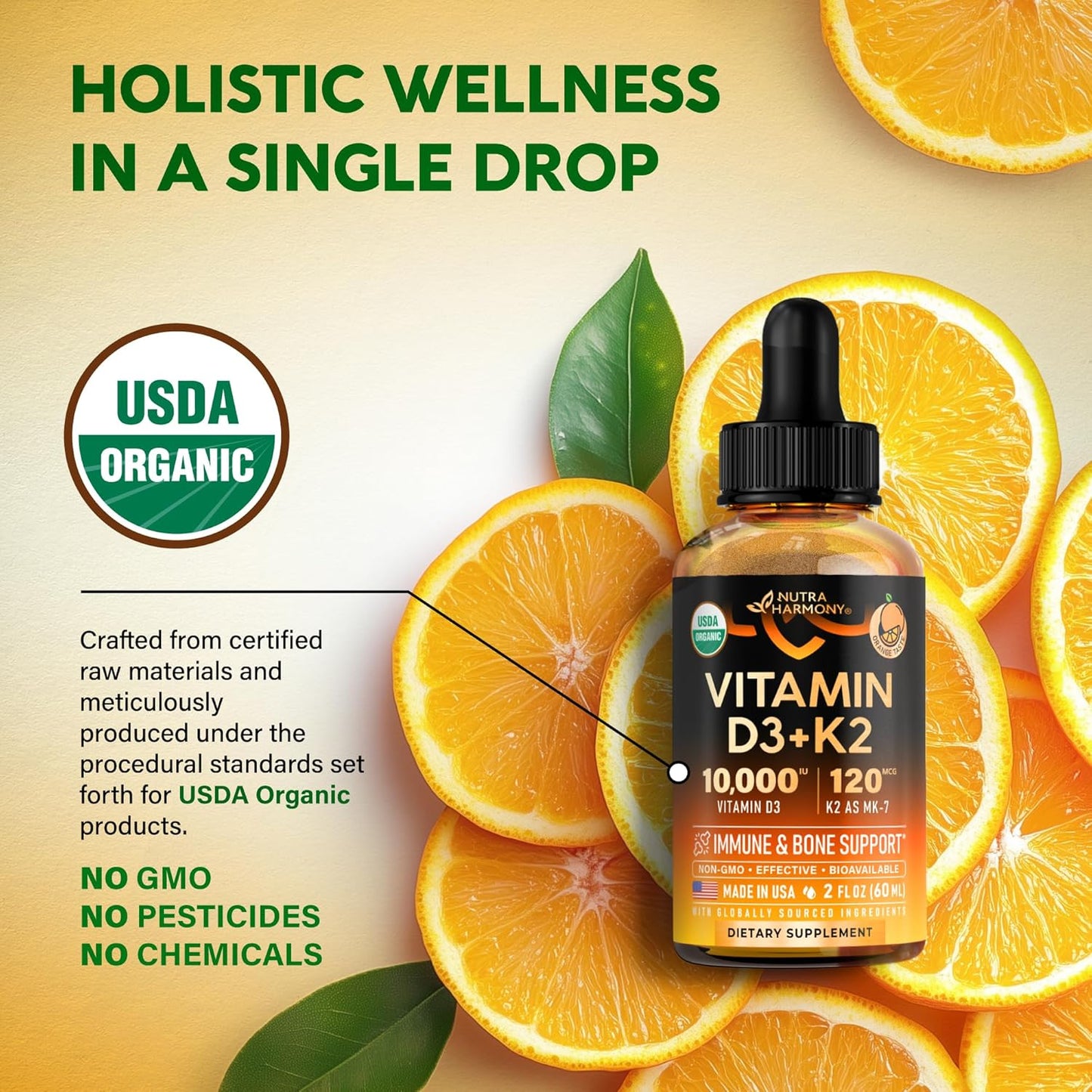 USDA Organic Vitamin D3+K2  Drops - Vitamin D3 10000 IU & K2 as MK-7 120mcg