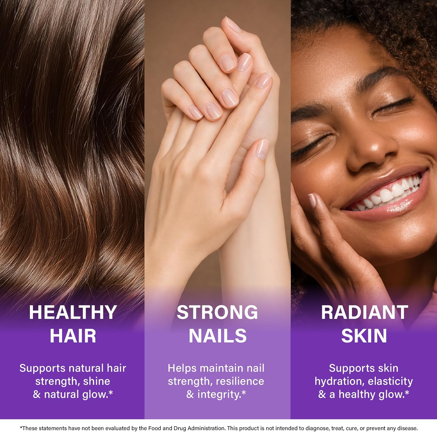 Three-panel graphic outlining primary benefits: HEALTHY HAIR: Supports natural hair strength, shine, and natural glow. STRONG NAILS: Helps maintain nail strength, resilience, and integrity. RADIANT SKIN: Supports skin hydration, elasticity, and a healthy glow.