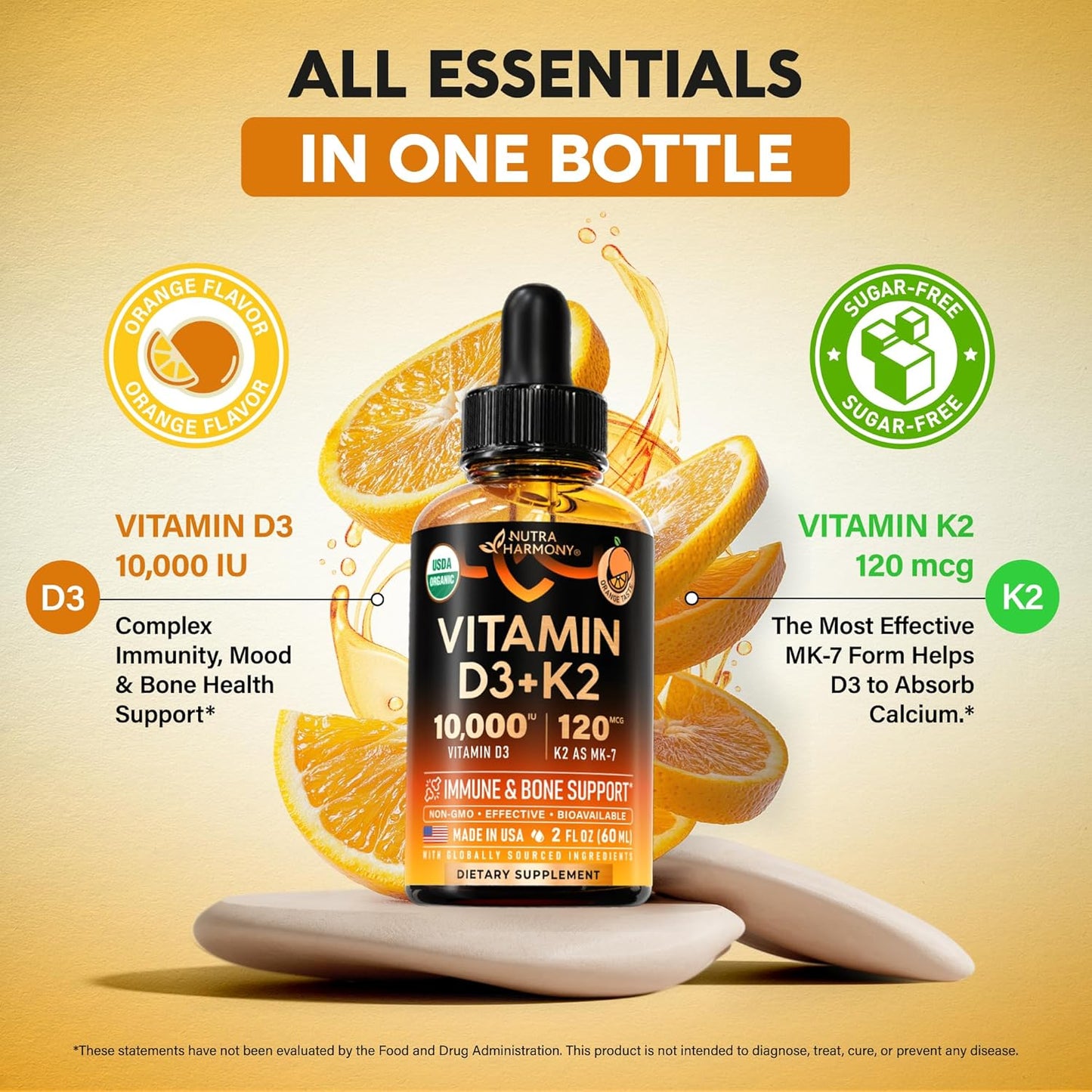 USDA Organic Vitamin D3+K2  Drops - Vitamin D3 10000 IU & K2 as MK-7 120mcg