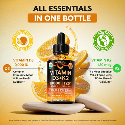 USDA Organic Vitamin D3+K2  Drops - Vitamin D3 10000 IU & K2 as MK-7 120mcg