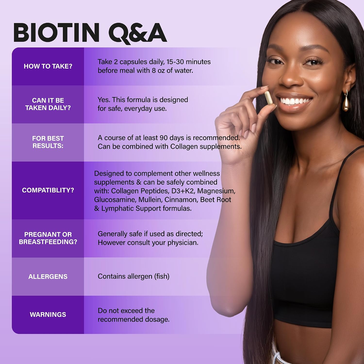 BIOTIN Q&A breakdown: HOW TO TAKE: 2 capsules daily, 15–30 min before meals with 8 oz water. DAILY USE: Safe for everyday use. BEST RESULTS: Recommended 90-day course; compatible with Collagen. COMPATIBILITY: Can combine with Collagen Peptides, D3+K2, Magnesium, Glucosamine, Mullein, Cinnamon, Beet Root, and Lymphatic Support. PREGNANCY/BREASTFEEDING: Consult physician. ALLERGENS: Contains fish. WARNINGS: Do not exceed recommended dosage.