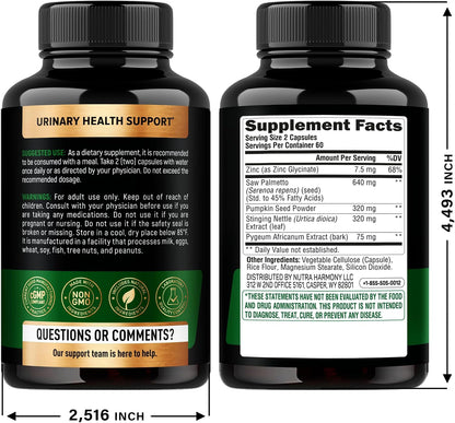 Label Directions, Warnings & Bottle Dimensions

Suggested Use: Take 2 capsules with water once daily before a meal, or as directed by a physician.
Warnings: Adult use only; keep out of reach of children; store below 85°F; facility processes milk, eggs, wheat, soy, fish, tree nuts, and peanuts.
Dimensions & Manufacturer: Measures 4.493 inches high by 2.516 inches wide; distributed by Nutra Harmony LLC (Casper, WY).