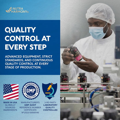 Quality Control & Manufacturing Standards
Standards: Quality control at every step featuring advanced equipment, strict production standards, and continuous testing.
Badges & References: Made in USA with globally sourced ingredients; Manufacturer's GMP Audit Reference Certificate N*US23/00000140; 3rd-Party Laboratory Quality Controlled.