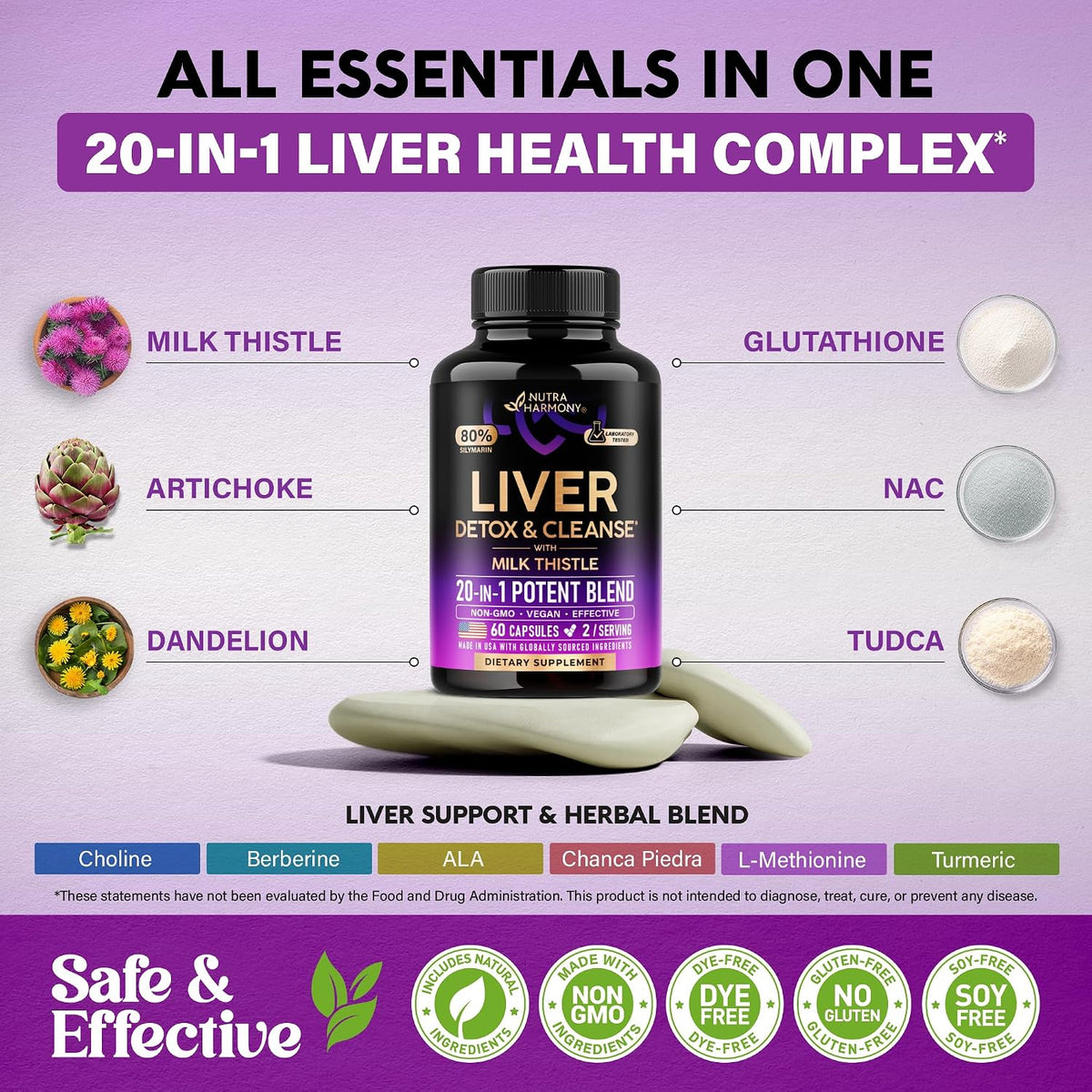 20-in-1 Complex Ingredients
Main Ingredients: Milk Thistle, Glutathione, Artichoke, NAC, Dandelion, TUDCA.
Additional Blend: Choline, Berberine, ALA, Chanca Piedra, L-Methionine, Turmeric.
Badges: Natural Ingredients, Non-GMO, Dye-Free, Gluten-Free, Soy-Free.
