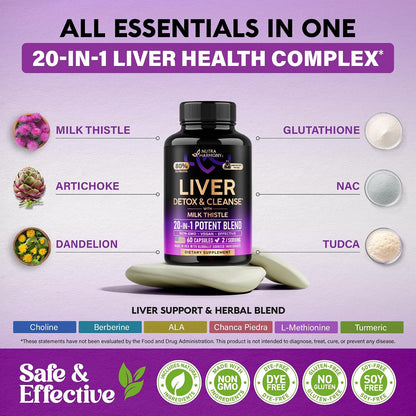 20-in-1 Complex Ingredients
Main Ingredients: Milk Thistle, Glutathione, Artichoke, NAC, Dandelion, TUDCA.
Additional Blend: Choline, Berberine, ALA, Chanca Piedra, L-Methionine, Turmeric.
Badges: Natural Ingredients, Non-GMO, Dye-Free, Gluten-Free, Soy-Free.