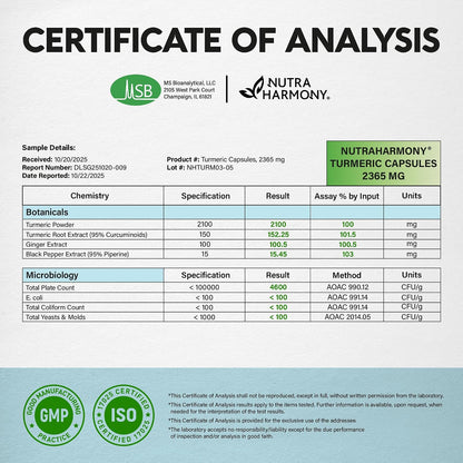 MS Bioanalytical laboratory report for NutraHarmony Turmeric Capsules (2365 mg). Tests verify botanical inputs per serving: Turmeric Powder (2100 mg), Turmeric Root Extract 95% Curcuminoids (150.5 mg), Ginger Extract (100.5 mg), and Black Pepper Extract 95% Piperine (15.45 mg). Includes clear microbiology test results, GMP, and ISO certification badges.