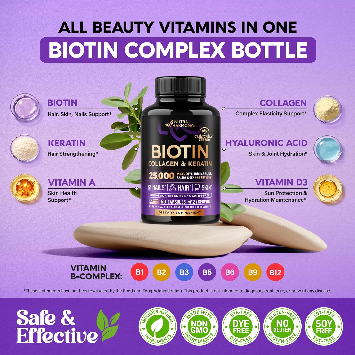 Graphic titled ALL BEAUTY VITAMINS IN ONE BIOTIN COMPLEX BOTTLE highlighting key active ingredients: Biotin (hair, skin, nails support), Keratin (hair strengthening), Vitamin A (skin health), Collagen (elasticity), Hyaluronic Acid (skin & joint hydration), Vitamin D3 (sun protection & hydration), plus Vitamin B-Complex (B1, B2, B3, B5, B6, B9, B12). Badges confirm Includes Natural Ingredients, Non-GMO, Dye-Free, Gluten-Free, and Soy-Free.