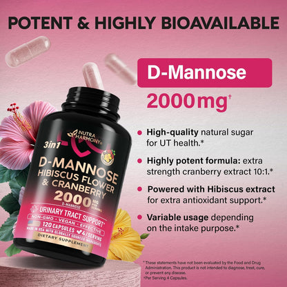 D-Mannose 2000 mg with Cranberry & Hibiscus | Urinary Tract Support Capsules