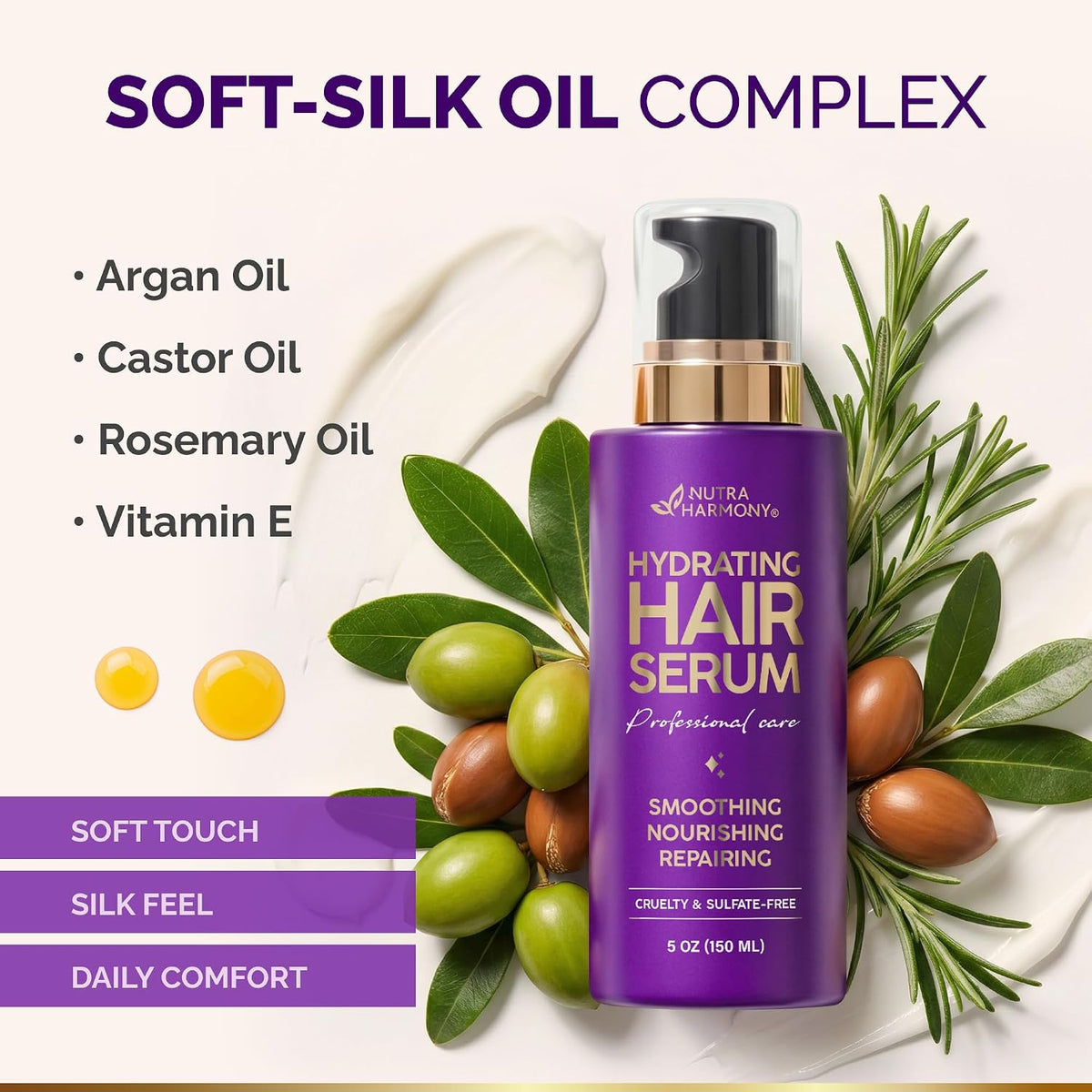 Soft-Silk Oil Complex
Highlights the botanical oil blend formulation:

Key Components: Argan Oil, Castor Oil, Rosemary Oil, and Vitamin E.

Textural Finish: Delivers a soft touch, silk feel, and daily comfort without a greasy residue.