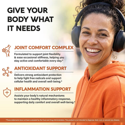 Smiling woman in headphones and an orange hoodie next to three main health benefit callouts with icons: Joint Comfort Complex (supports flexibility and eases stiffness), Antioxidant Support (fights free radicals for cellular health), and Inflammation Support (assists natural inflammatory response).