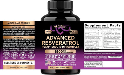 ADVANCED RESVERATROL ANTIOXIDANT COMPLEX: 120 capsules, 2 per serving, 2-month supply. SUGGESTED USE: Take 2 capsules once daily with a meal or as directed by a physician. WARNINGS: For adult use only. Keep out of reach of children. Consult physician if taking medication, pregnant, or nursing. Store below 85°F. Facility processes milk, eggs, wheat, soy, fish, tree nuts, peanuts.