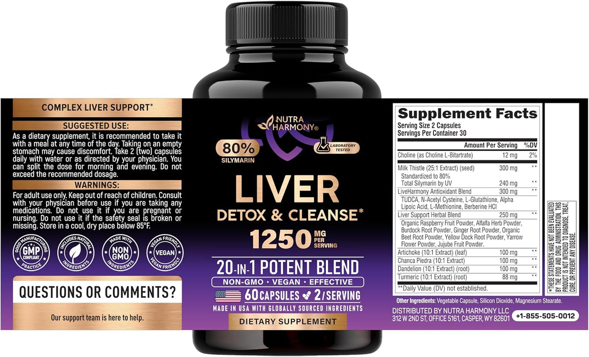 Supplement Facts: Serving Size 2 Capsules, 30 servings/container. Choline 12mg, Milk Thistle Extract 300mg, Antioxidant Blend 300mg, Liver Support Herbal Blend 250mg, Artichoke Extract 100mg, Chanca Piedra Extract 100mg, Dandelion Extract 100mg, Turmeric Extract 88mg. Other: Vegetable Capsule, Silicon Dioxide, Magnesium Stearate.
Suggested Use: Take 2 capsules daily with a meal or as directed by a physician.
Warnings: For adults only. Keep out of reach of children. Do not use if pregnant or nursing.